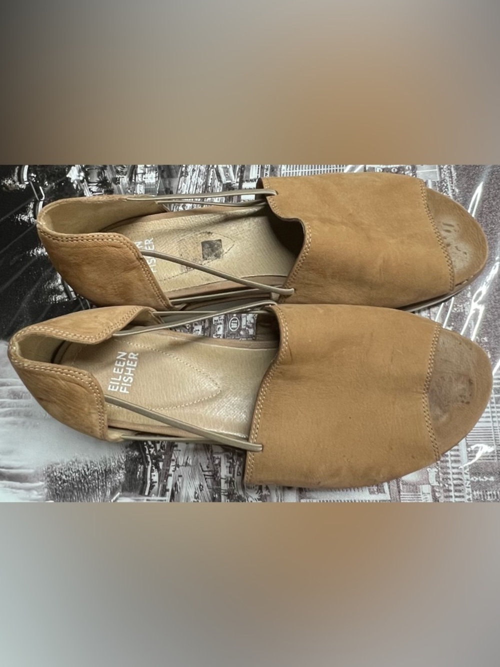 Eileen Fisher Tumbled Nubuck SANDALS Size 9.5 Brown Tan Shoes Peep Toe